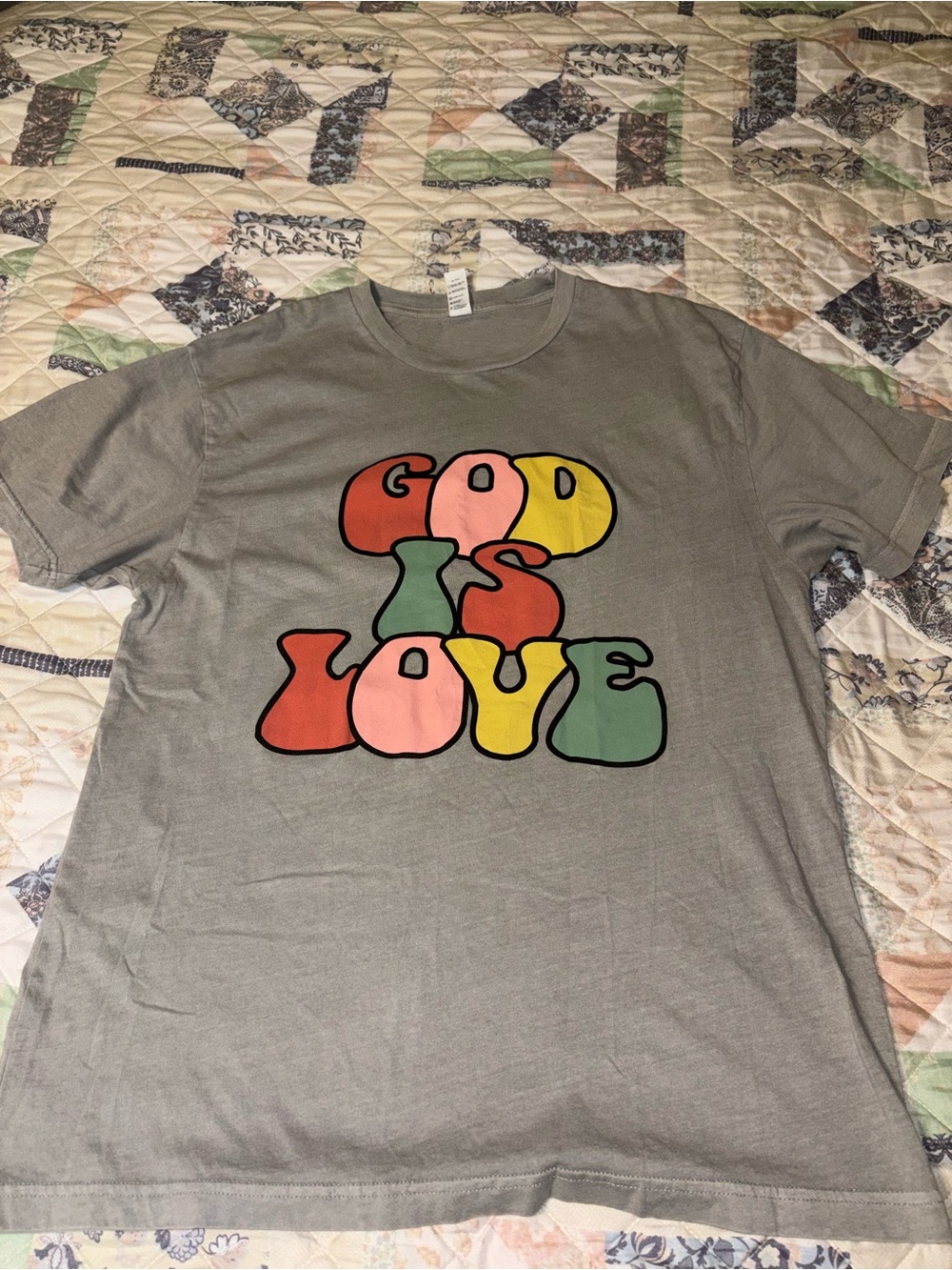 Gray Short Sleeve Tee with Colorful 'God Is Love' Graphic
